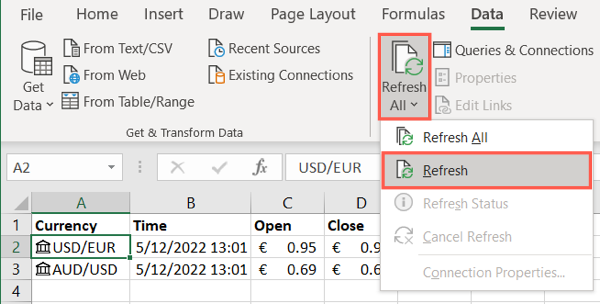 Excel Döviz Değişimini Yenileme