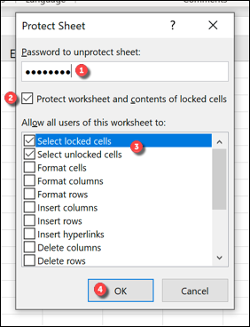 Excel Koruma Sayfası Seçenekleri