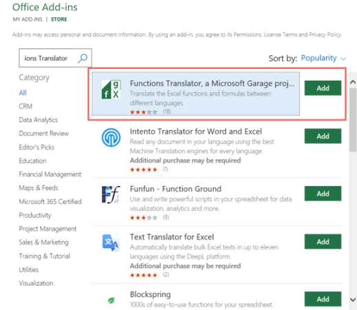 Office Eklentileri Excel İşlev Çevirmeni Ekleme