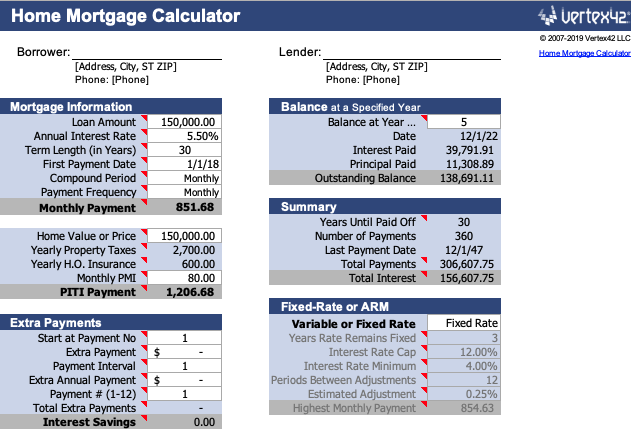 Excel Amortismanı için Vertex Home Mortgage Hesaplayıcı