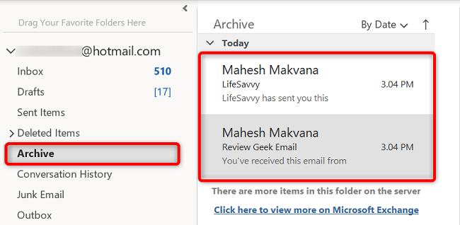 3 Outlook masaüstü arşivlenmiş e-posta