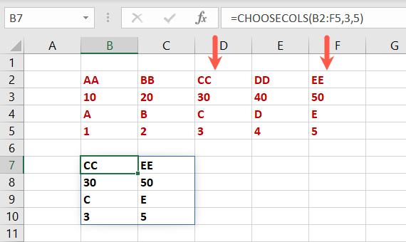 CHOOSECOLS Excel Dizi İşlevleri