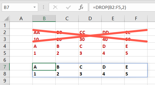 DROP satırları Excel Dizi İşlevleri