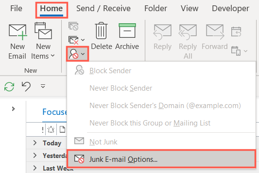 Önemsiz E-posta Seçenekleri Masaüstü Outlook Blok Etki Alanı
