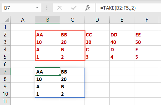 Sütunları AL Excel Dizi İşlevleri