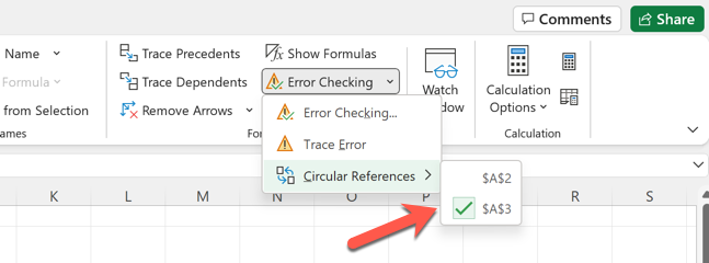 excel hata kontrol menüsü