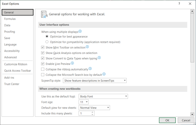 Dosya Seçenekleri Genel Excel Varsayılan Ayarları Değiştir