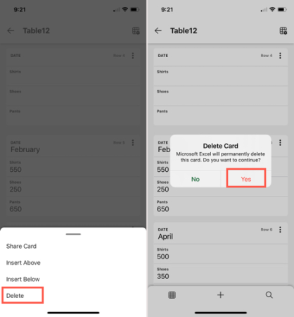 Kartı Sil Excel Mobil Tablo Kartları Görünümü