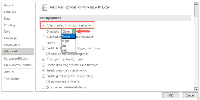 Tuş Yönünü Girin Excel Varsayılan Ayarları Değiştirin