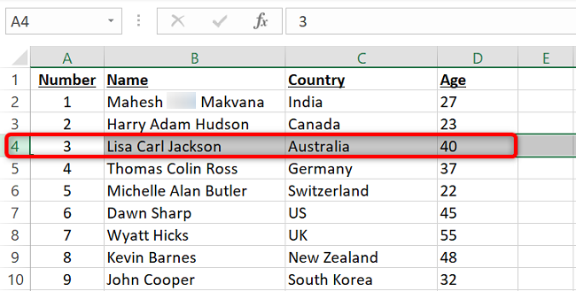 1 satır excel seçin