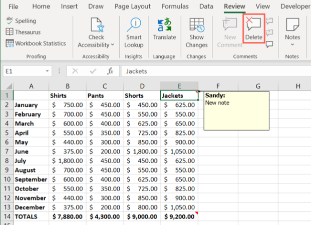 Delete Notes Excel Notes