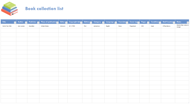 Kitap Koleksiyonu Excel Listesi Şablonları