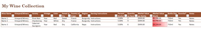 Şarap Koleksiyonu Excel Listesi Şablonları