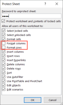 Sayfa Ayarlarını Koru Excel Sütun Satır Boyutlarını Kilitle