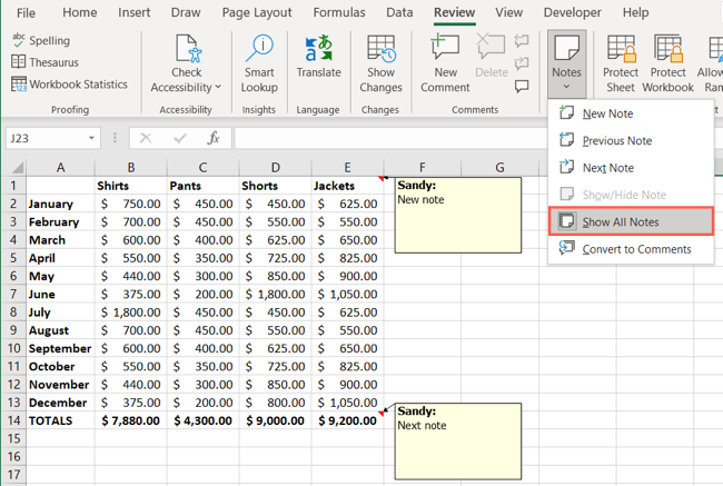 Tüm Notları Göster Excel Notları