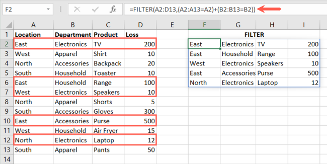 Birden Çok Ölçüt VEYA Excel FİLTRE İşlevi