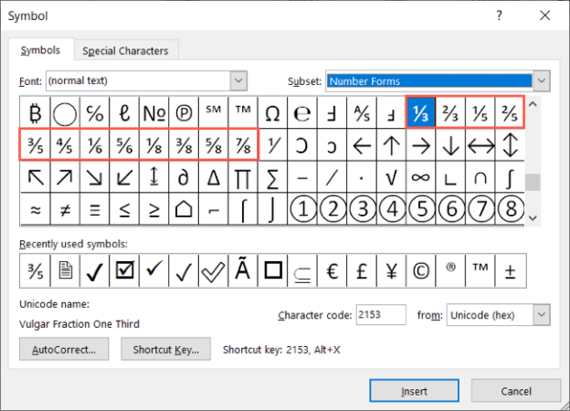 Sayı Formları Windows Word Kesirleri