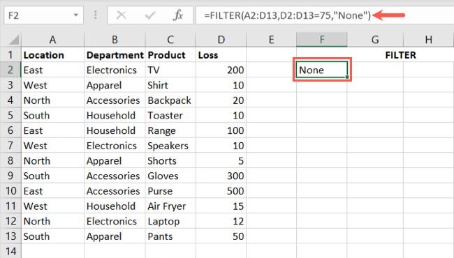 Temel Sonuç Yok Excel FİLTRE İşlevi