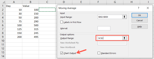 Çıkış Aralığı Excel Hareketli Ortalama