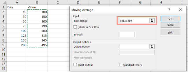 Giriş Aralığı Excel Hareketli Ortalama