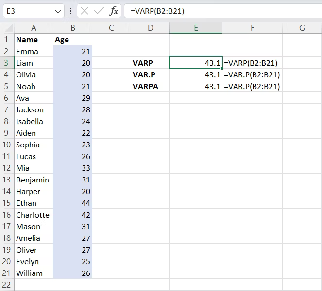 Excel varp formülünün tamamlanması