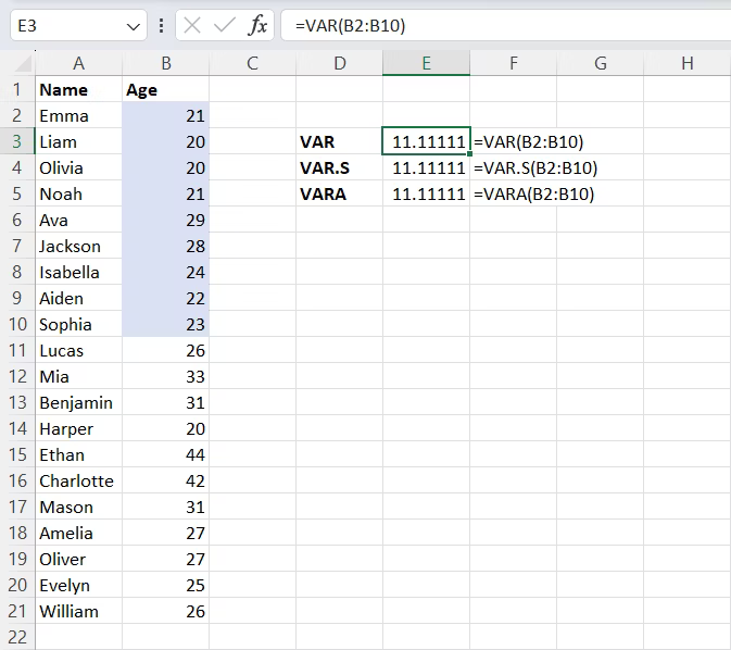 excel var formülünün tamamlanması