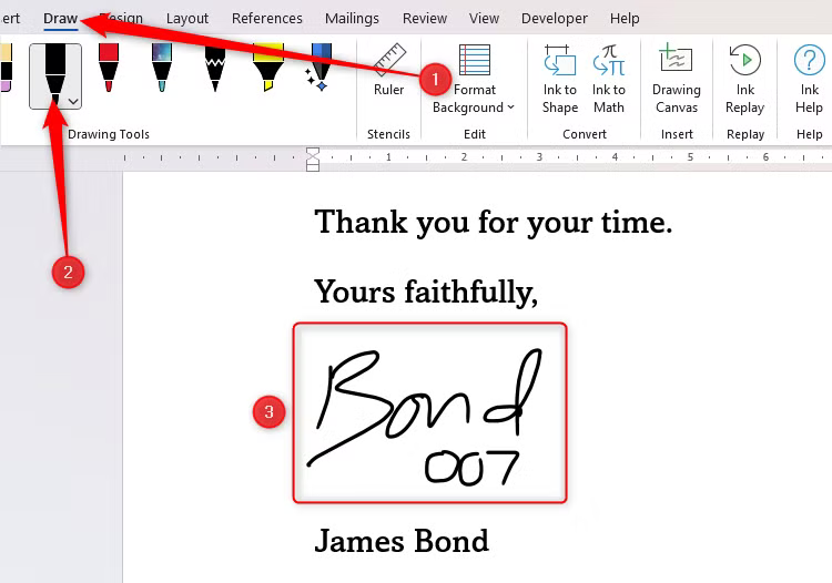 şeritteki çizim sekmesi aracılığıyla oluşturulmuş bir james bond imzası içeren bir word belgesi