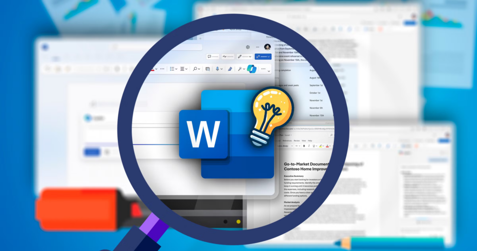 Büyüteç, Microsoft Word logosunu gösteriyor, yanında bir ipucu simgesi ve arka planda bazı Word dosyaları var.